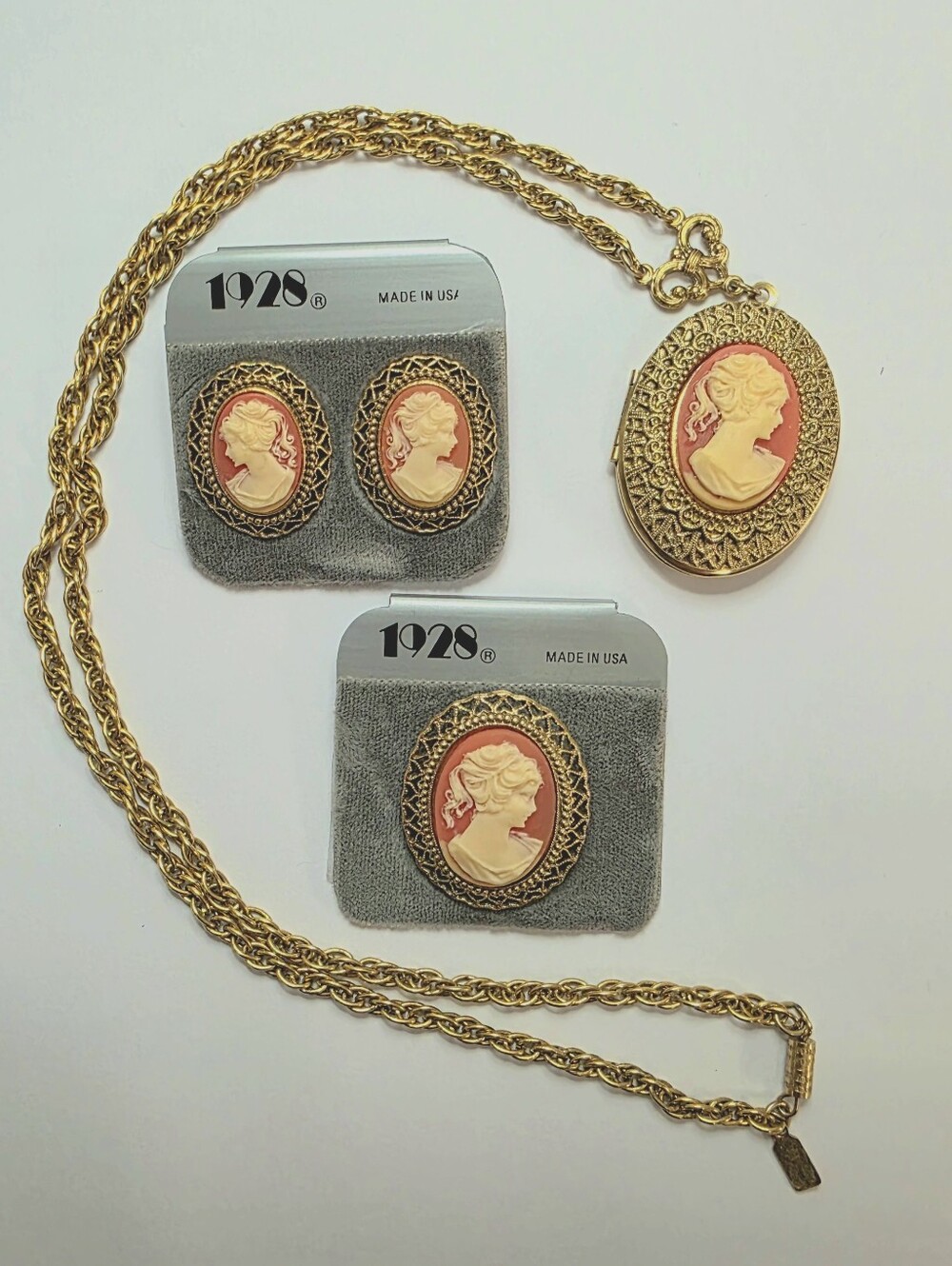 3pc Set - Vintage Gold & Coral Cameo Locket Necklace, Earrings & Matching Brooch